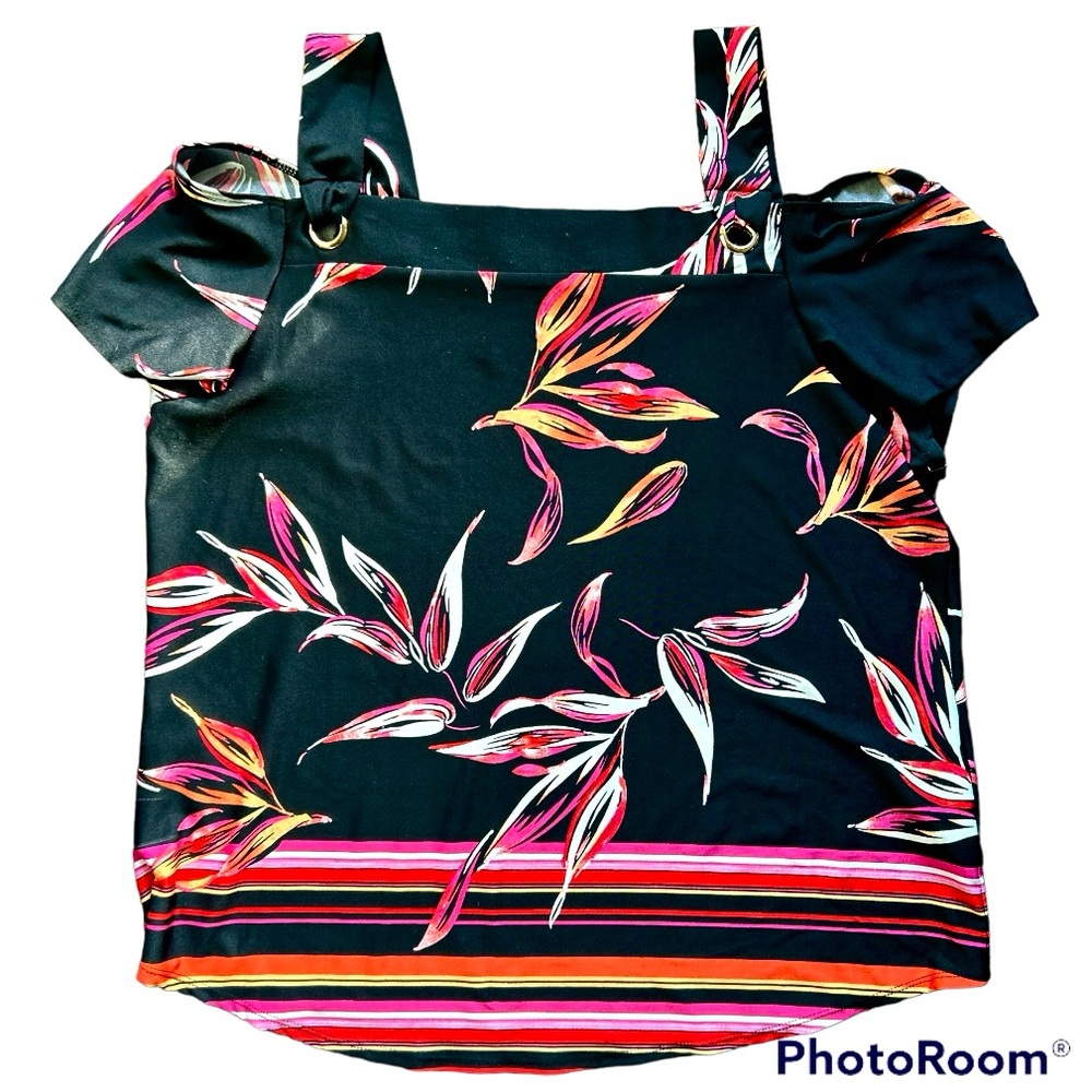 PerSeption Concept Cold Shoulder & Strap Soft Tropical Knit Top Size Large
